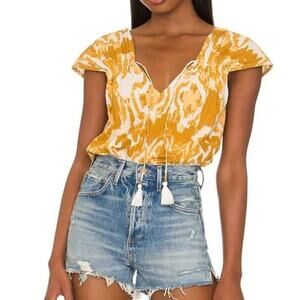 Cleobella x Revolve Naomi Cap Sleeve Blouse Yellow Watercolor Ikat Print Size XS